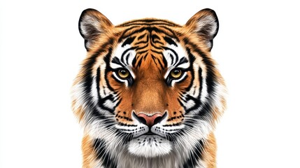 Obraz premium A striking close-up of a tiger's face, showcasing its fierce expression and beautiful markings against a white background.