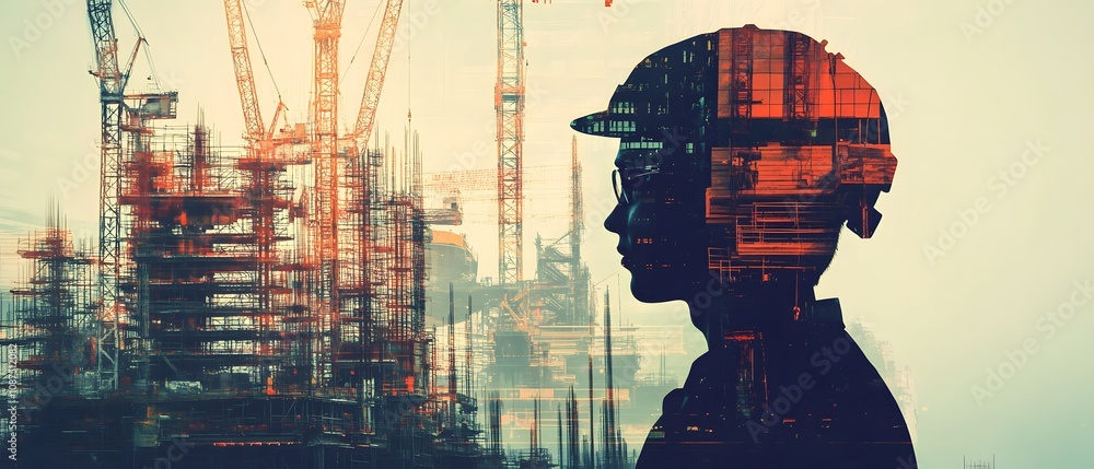 Poster silhouette of industrial worker with hard hat against background of construction site featuring cran