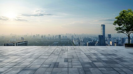 Fototapeta premium Empty square floor with city skyline background, City skyline with a technological utopia, where sustainable technologies and green initiatives pave the way for a futuristic urban paradise