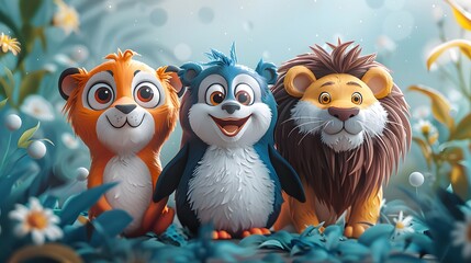 Fototapeta premium Modern cartoon zoo with happy penguins. AI generated