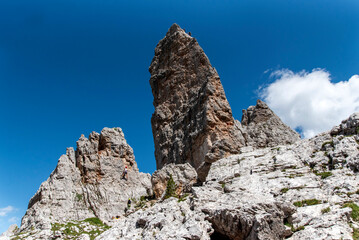 Beautiful rocky Cinque Torri in the Dolomites in Italy.
