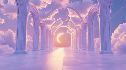A serene pathway lined with white columns stretches towards a crescent moon in a lavender sky