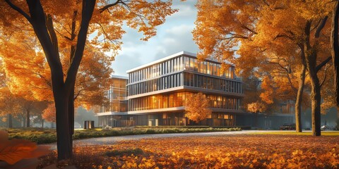 Stunning office building surrounded by vibrant autumn trees, illuminated by the warm sunlight, creating a beautiful scene that showcases the harmony between nature and architecture.