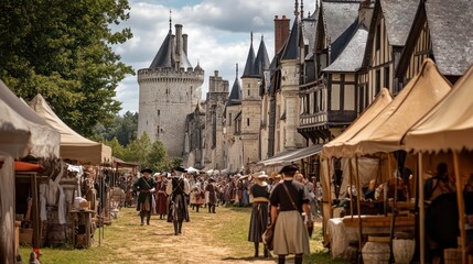 Naklejka premium A Renaissance fair in the Loire Valley, with jousting, musicians, and artisans selling their crafts under the shadow of majestic French castles