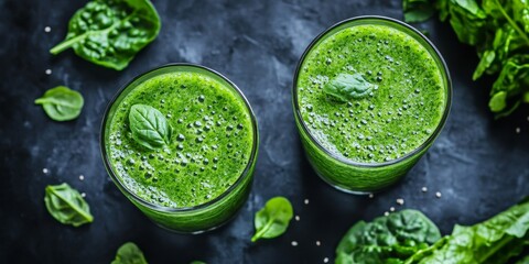 Obraz premium Refreshing green smoothie made with a blend of fresh fruits and vegetables, offering a nutritious and vibrant boost to your day. This green smoothie is perfect for a healthy lifestyle.