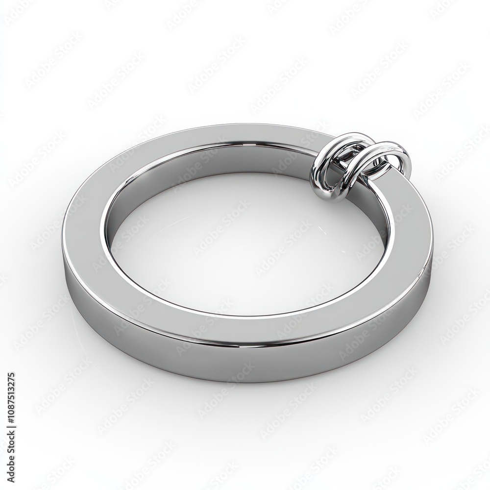 Poster a silver ring with a smooth surface and two interconnected loops.