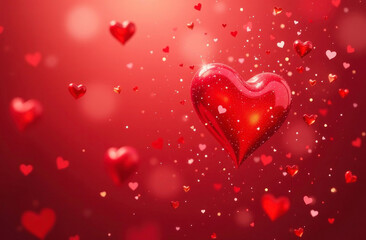 Glossy red hearts adorn a soft red backdrop, creating a romantic atmosphere for love and celebration
