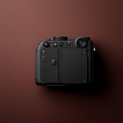 Hybrid digital camera with a side grip and classic buttons, highlighted on a dark burgundy background showing both front and side angles, Photorealistic