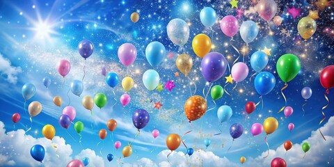 A festive array of colorful balloons float amidst a twinkling sky, adorned with shimmering confetti and ribbons, creating a whimsical scene of joy and celebration.