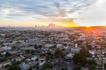 Los Angeles skyline aerial view photo downtown at sunset in California United States