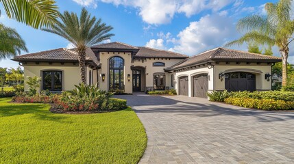 A modern mediterranean style home with a lush lawn, palm trees, and a long paved driveway.