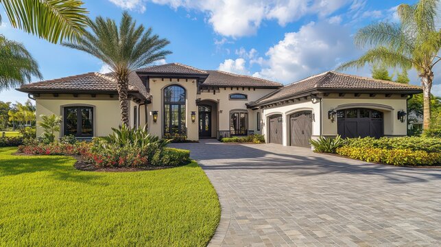A modern mediterranean style home with a lush lawn, palm trees, and a long paved driveway.