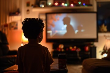 Obraz premium Boy assisting in setting up a movie night at home