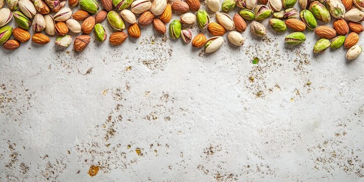 Pistachio confectionery from the Middle East offers a healthy, no sugar treat. A top view showcases scattered pistachio and almond nuts, perfect for guilt free indulgence. Copy space included.
