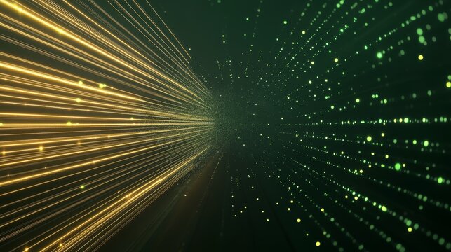 Electric yellow and dark green data streams flowing continuously, enhancing a dark backdrop with seamless data exchange and tech-driven processes, Photorealistic