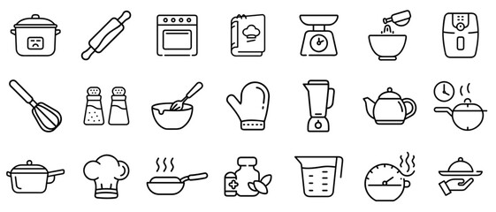 Fototapeta premium Set of kitchen and cooking utensil line icons in black and white
