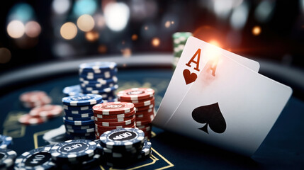 Close-up of a poker table with two aces, stacks of poker chips, and a blurred casino background with bokeh lights highlighting a gambling scene.