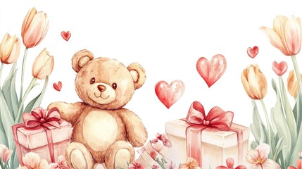 Watercolor Valentine's Day background with a teddy bear, hearts, gift boxes, and tulips, with copy space available