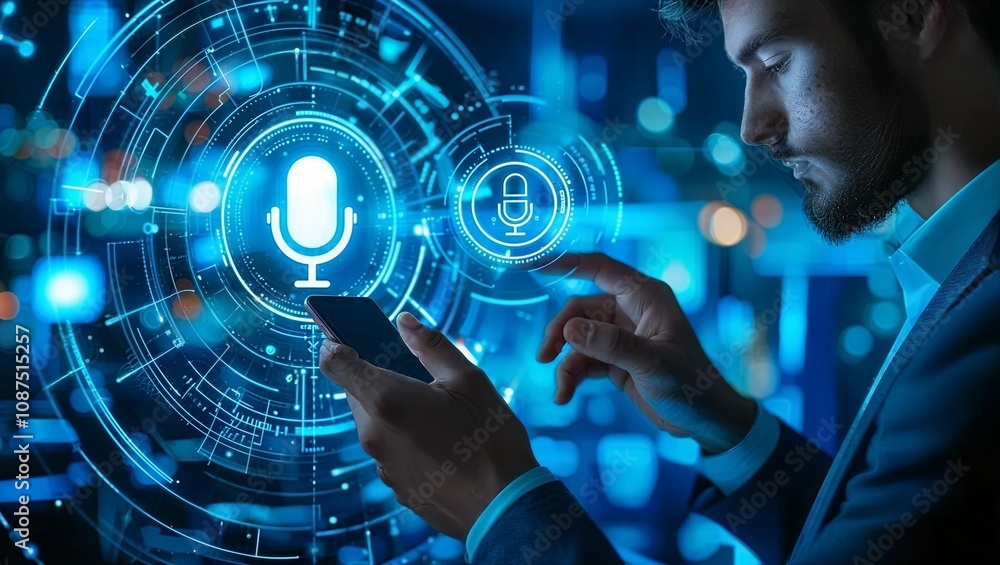 Aufkleber a man interacts ai voice recording with a mobile device displaying a futuristic holographic interfac