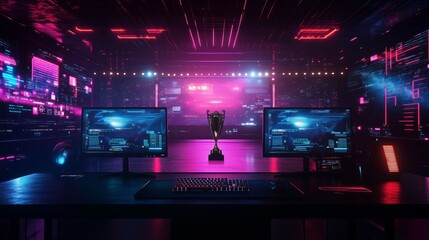 A silver trophy sits on a table with two monitors and a keyboard in a neon-lit esports arena
