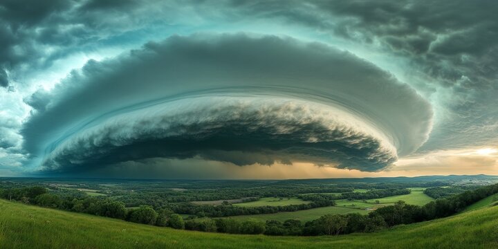Thunderstorm featuring a developing arcus or shelf cloud across a serene countryside landscape, showcasing the dramatic weather patterns of a thunderstorm in a picturesque setting.