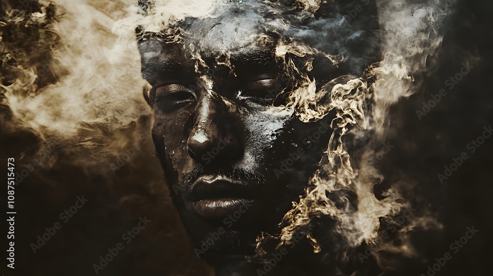 Poster ethereal portrait of a person with smoke and dark texture, capturing an intriguing blend of light an