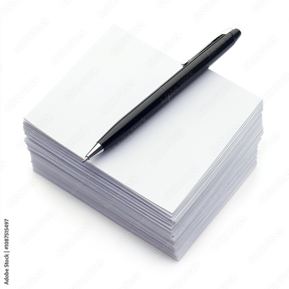Poster a stack of blank notecards with a black pen resting on top, ready for writing notes or ideas.