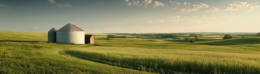 Fototapeta premium A peaceful rural landscape featuring a barn amidst lush green fields under a clear sky, showcasing the beauty of nature and agriculture.