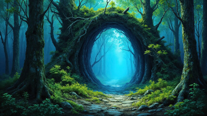 Fototapeta premium Fantasy magical gateway portal in the forest path. Portal has a magical blue glow and leads deeper into the mystical realm of the druids and fairy folk, green foliage and moss on ancient sacred trees