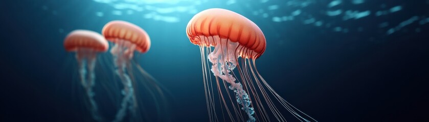 Three luminous jellyfish float gracefully in the deep blue ocean, showcasing their vibrant orange colors and delicate tentacles.