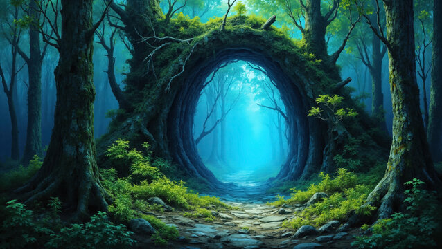 Fantasy magical gateway portal in the forest path. Portal has a magical blue glow and leads deeper into the mystical realm of the druids and fairy folk, green foliage and moss on ancient sacred trees