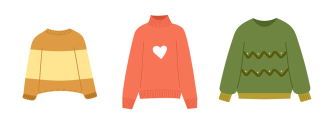 Set of sweater, cozy autumn clothes, fall fashion. Vector isolated on white background