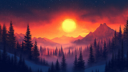 Fototapeta premium Fantasy forest landscape with night sky illustration