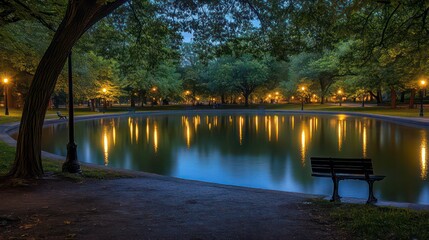 Fototapeta premium A tranquil scene of a pond in a park at dusk, with the reflections of streetlights illuminating the water.