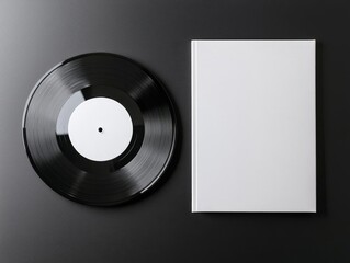 Blank vinyl record and minimalist white album cover on a sleek black background, showcasing simplicity and potential for customization