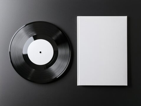 Blank vinyl record and minimalist white album cover on a sleek black background, showcasing simplicity and potential for customization