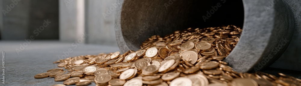 Poster a barrel spills a large quantity of shiny coins onto a surface, creating a striking visual of wealth