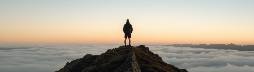 Obraz premium A solitary figure stands on a mountain peak above the clouds, basking in the warm glow of a sunrise, symbolizing adventure and tranquility.