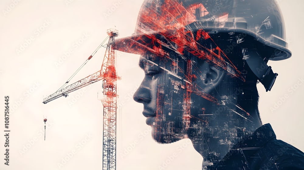 Poster Professional construction worker with a helmet against a backdrop of a towering crane, symbolizing the future of engineering and innovation in urban development.