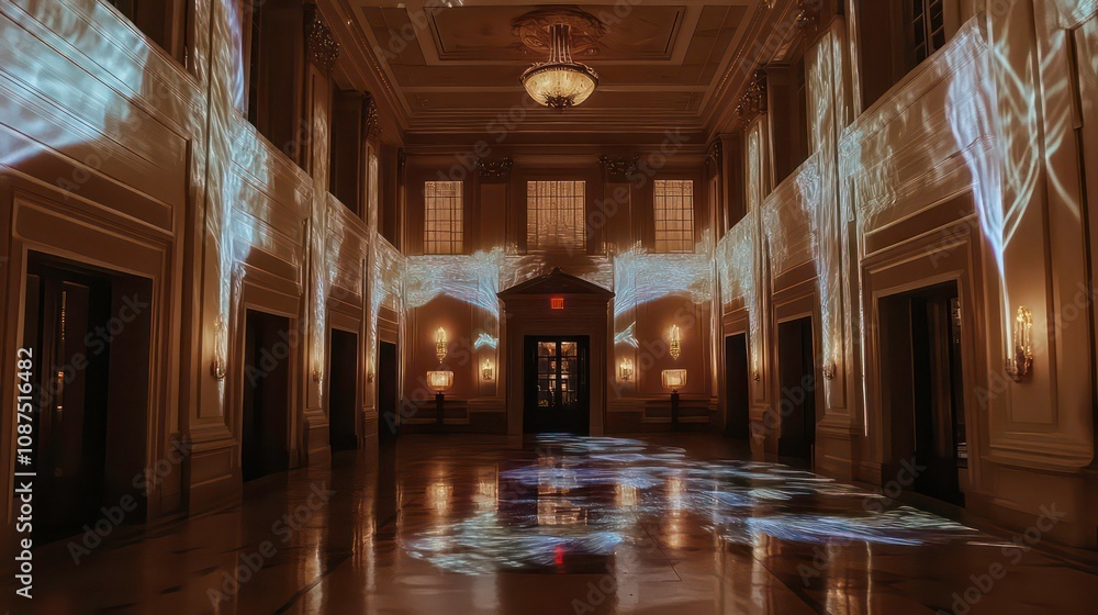 Aufkleber a grand hall with a high ceiling and ornate chandeliers illuminated by projected light patterns, cre
