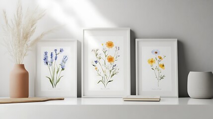Three framed watercolor botanical prints of wildflowers in blue, yellow, and white hues, displayed on a white shelf with pampas grass and a wooden cutting board.