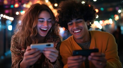 Naklejka premium Two happy young adults, a woman with long curly brown hair and a man with curly dark hair, sit close together at night