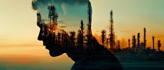 Naklejka premium Silhouette of a Man with a Double Exposure Effect Featuring Industrial Structures Against a Stunning Sunset Background for Conceptual Imagery