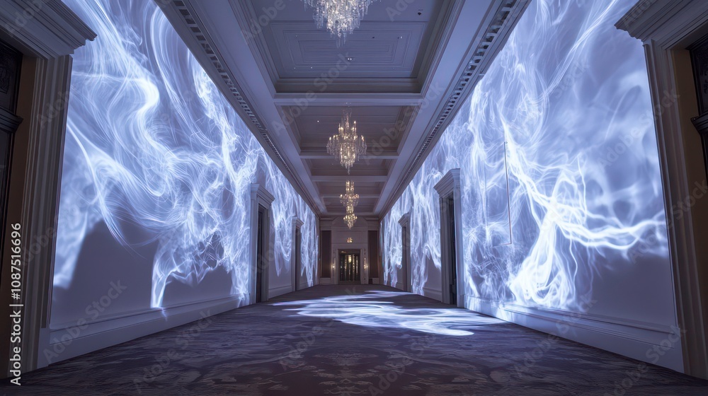 Aufkleber a long hallway with white walls and a patterned carpet is illuminated by a light show projecting blu