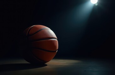 Basketball ball close-up on dark background under spotlight. Sports and active life concept. Space for text or logo.