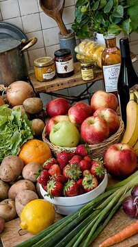 Fresh market produce display in a rustic kitchen with various fruits and vegetables.