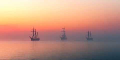 Three ships of different sizes appear on the hazy horizon during sunset, creating a stunning maritime scene with a captivating blend of colors and shapes on the serene horizon.