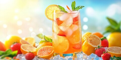 Refreshing summer background featuring delicious homemade fruit lemonade, perfect for warm days. Enjoy this vibrant summer background with a glass of homemade fruit lemonade.