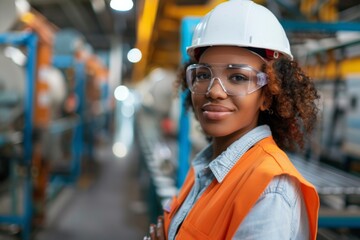 Happy African American female employee working at a solar plant