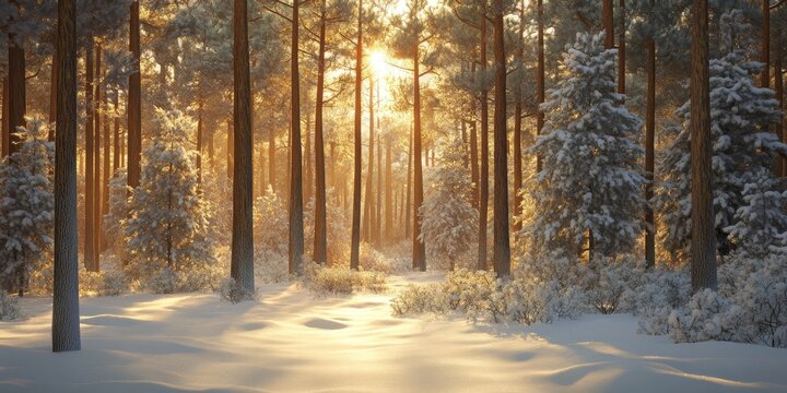Pine forest awakening in early spring, covered in snow, showcases a stunning winter landscape. The sun gently warms the pine forest, signaling nature s vibrant revival after winter s embrace.